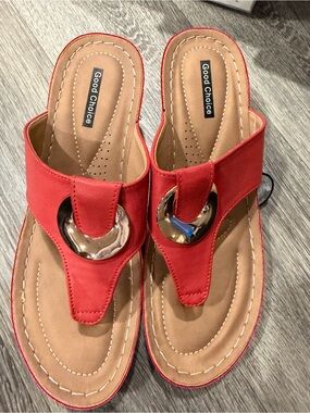 Good Chic Red Slip-On Thong Sandals with Gold Ring Detail